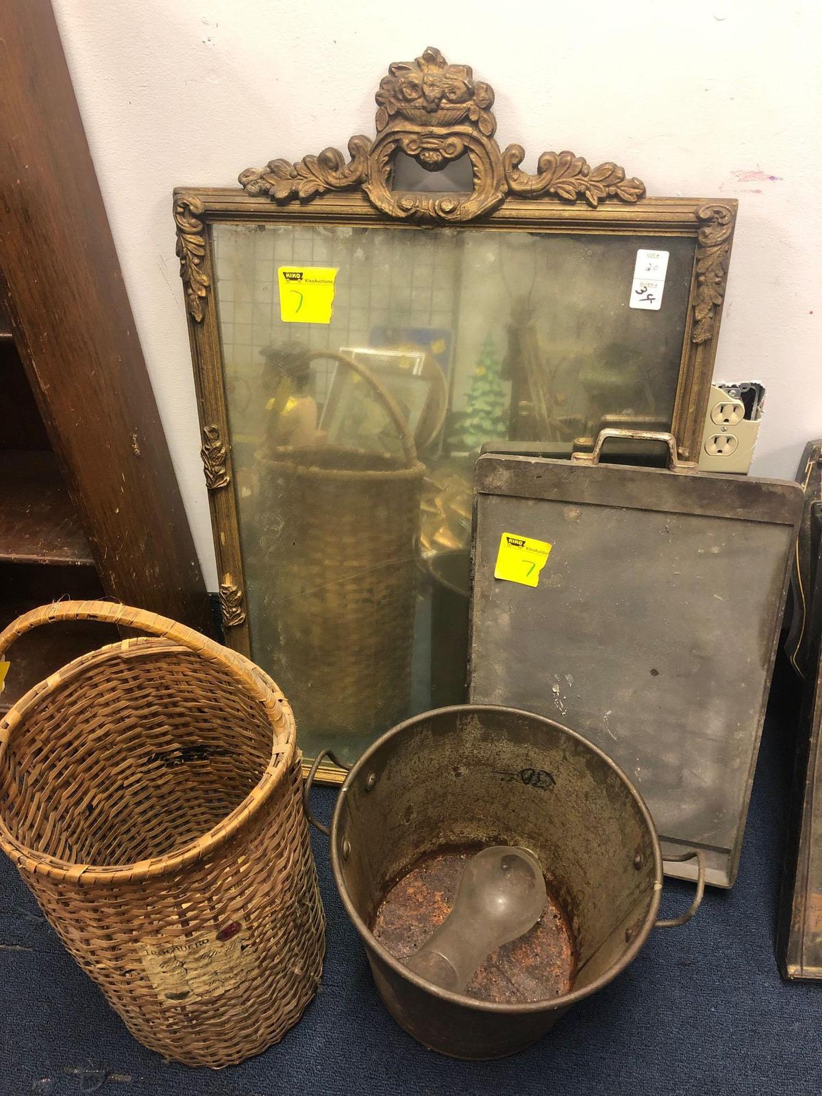 Wall mirror, basket with advertising, metal bucket, griddle pan