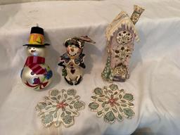 Clayworks Heather Goldmine signed ceramic pcs., glass snowman ornament.