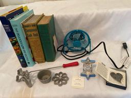 (4) Cookbooks, electric fan, Wendell August heart pin, Hallmark star pillbox, etc.