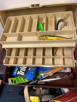Fishing items, 2 kid poles, tackle box, Craftsman tool chest, Craftsman saw