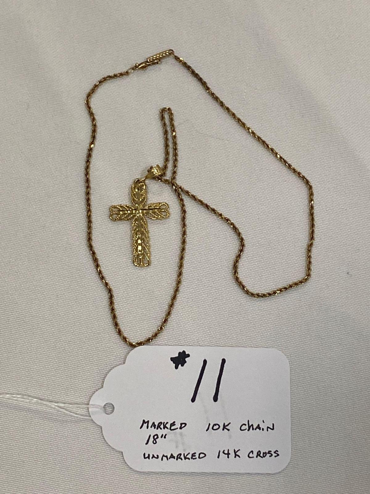 Marked 10K 18" gold chain w/ unmarked 14K cross pendant, approx. 7.7 grams.