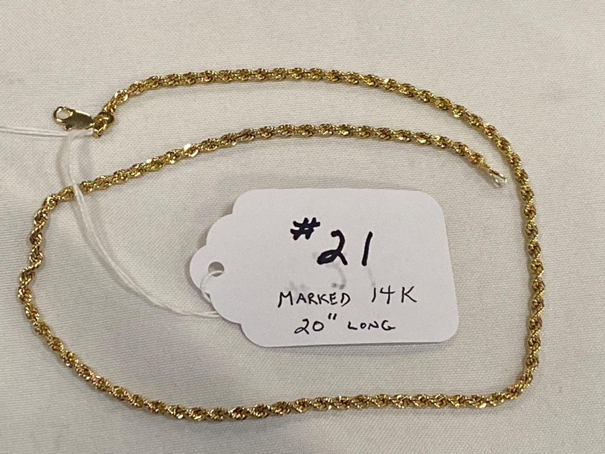 Marked 14K 20" gold necklace.