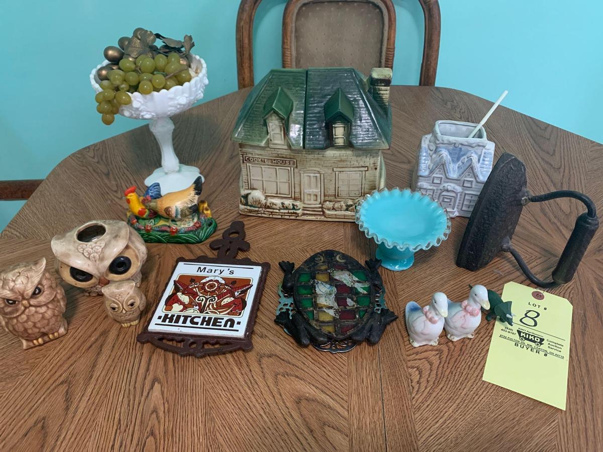 Cookie Jar, Owl Figurines, Flat Iron, Fenton Vase, Misc.