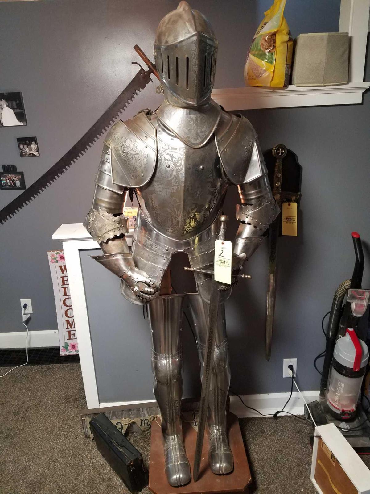 Full scale metal decorative knights suit, adjustable, with sword and base 74 inches tall