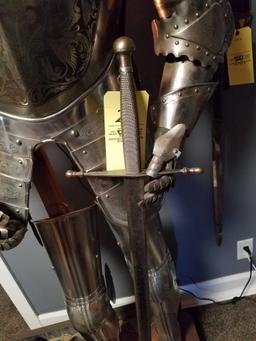 Full scale metal decorative knights suit, adjustable, with sword and base 74 inches tall