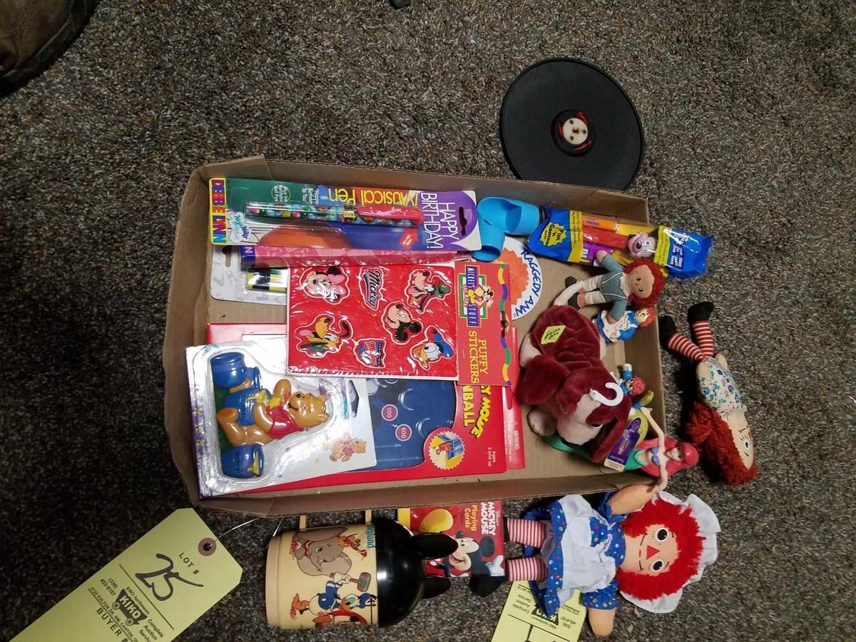 Disney, raggedy ann toys, cup, pencils