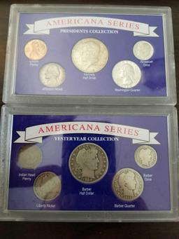 Americana series sets with 1964 Kennedy half and 1900 barber half, bid x 2