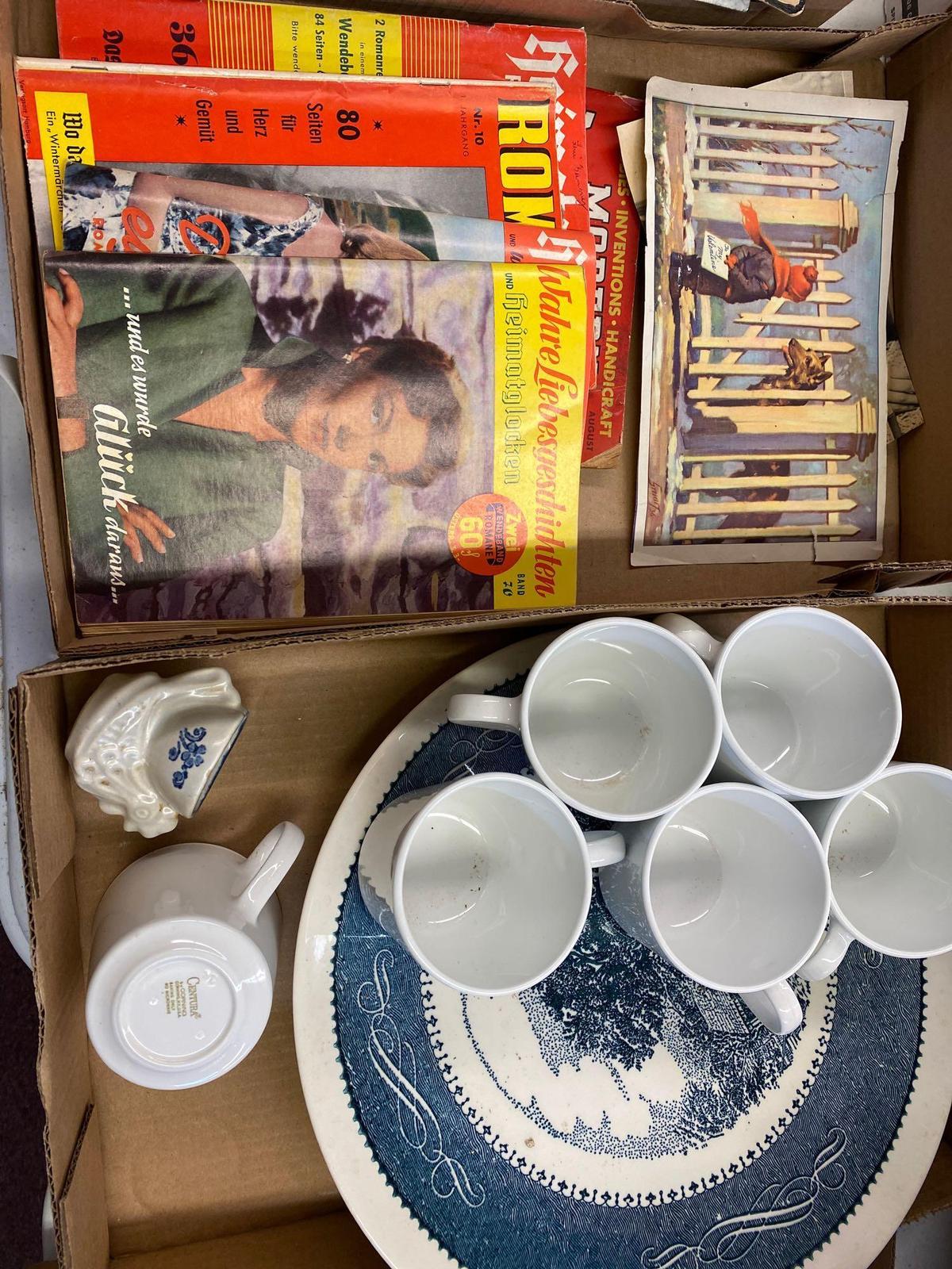 2 flats, 1 with old magazines, mugs, 1 large platter