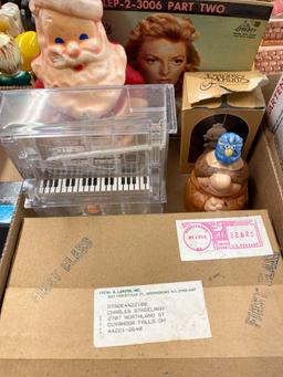 Electrical pieces, Santa candle, Precious Moments, record, piano bank