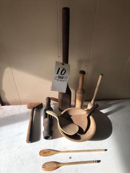 Ant. wood utensils - stompers - unusual wood press - wood bowl and paddle