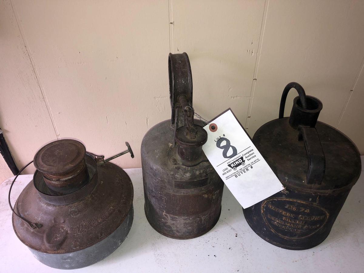 Antique gas and battery service cans and kerosene heater