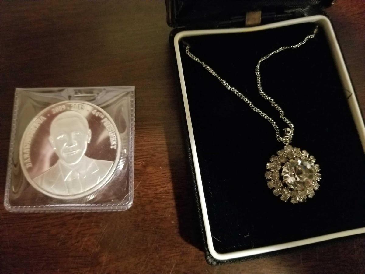 President Obama coin and 14k necklace with man-made diamonds