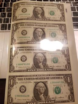 4 uncut $1 bills