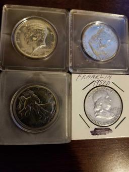 Silver halves, '56 Walking Liberty, '57D and '63 Franklin, '64 Kennedy. Bid x 4