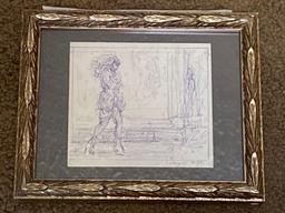Clyde Singer pen drawing, "Lady Walking", 6/80. 3.75 x 4 scene, 5.5 x 7 frame.