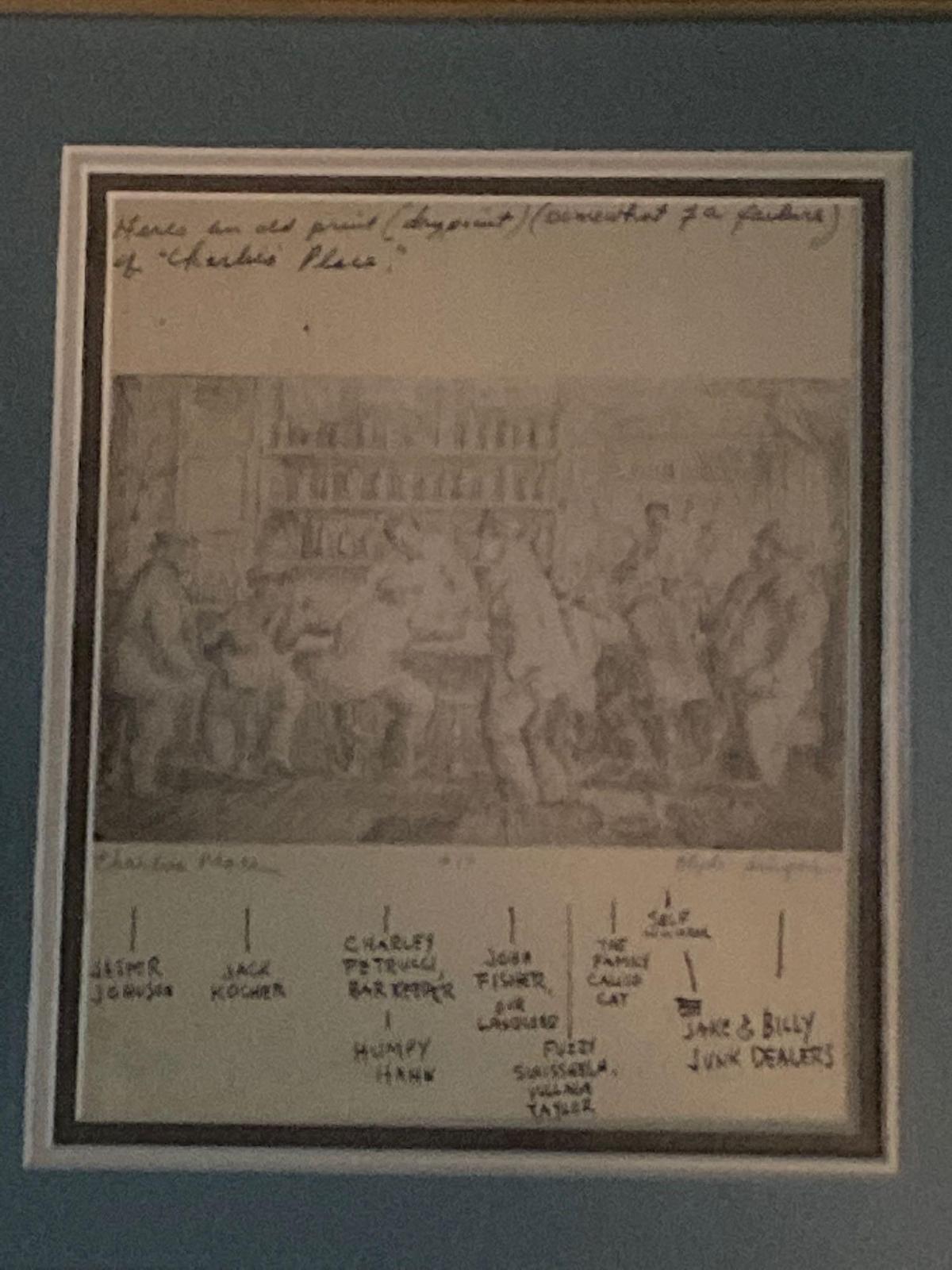 Clyde Singer original dry point with names of all characters at "Charlie's Place" bar 1935. 4.75" x