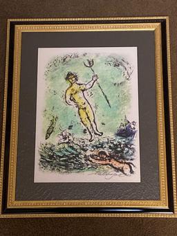 Marc Chagall original lithograph, "Poseidon" from Odyssey Suite Vol. 1, 17 1/4 x 21 frame.