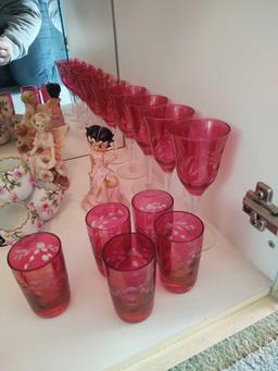 Cranberry Bowl, Candle Holders, Bells, Stemware