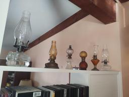 Assorted Mini Oil Lamps, DVDs, Dog Bowls, Cane and books