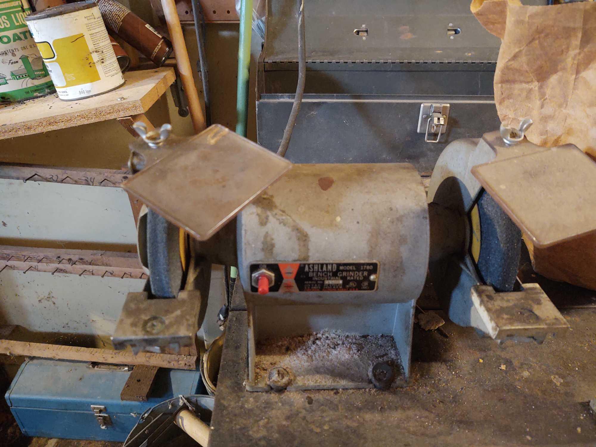 Contents of Workbench incl. Vise, Grinder, Assorted Hand Tools & Sprays