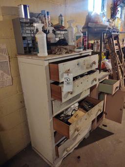 Chest of drawers and cabinet with contents including organizers and hardware