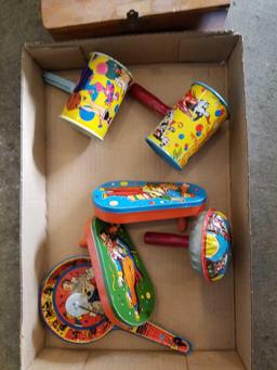 Child microscope, tin noise makers, toys