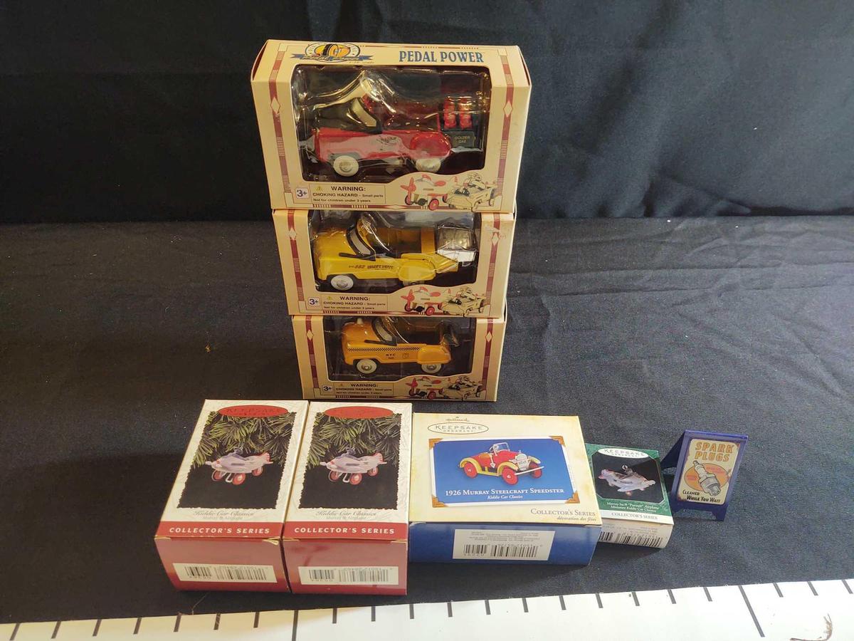 3 1:10 Scale Diecast Pedal Power Cars and 4 Keepsake Ornaments