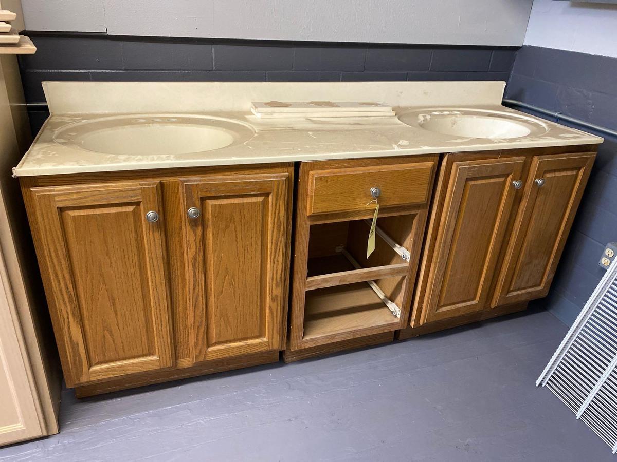 Bathroom double vanity oak cabinet, 72 inches long, missing drawers