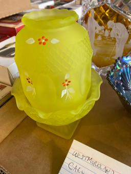 West Moreland glass fairy lamp, carnival bowl, cut to clear golfing crystal ice bucket