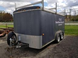 1999 US cargo box trailer, 14 ft., rear barn doors, ladder rack and spare tire