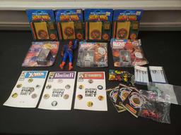 Marvel lot includes pin sets, pens, wallet, remco Spiderman, Sercret Wars