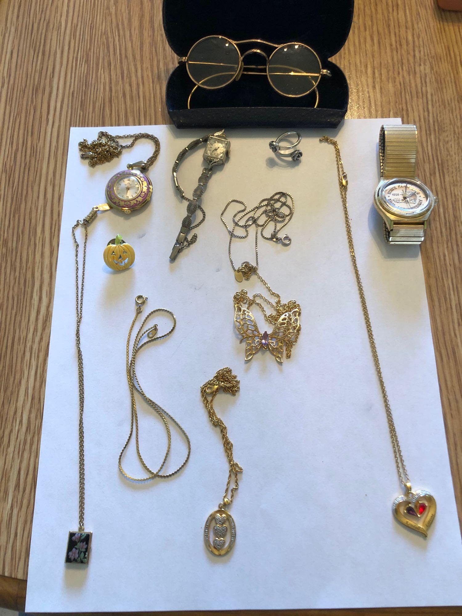 Assorted Costume Jewelry, Watches, Rolled Gold Glasses