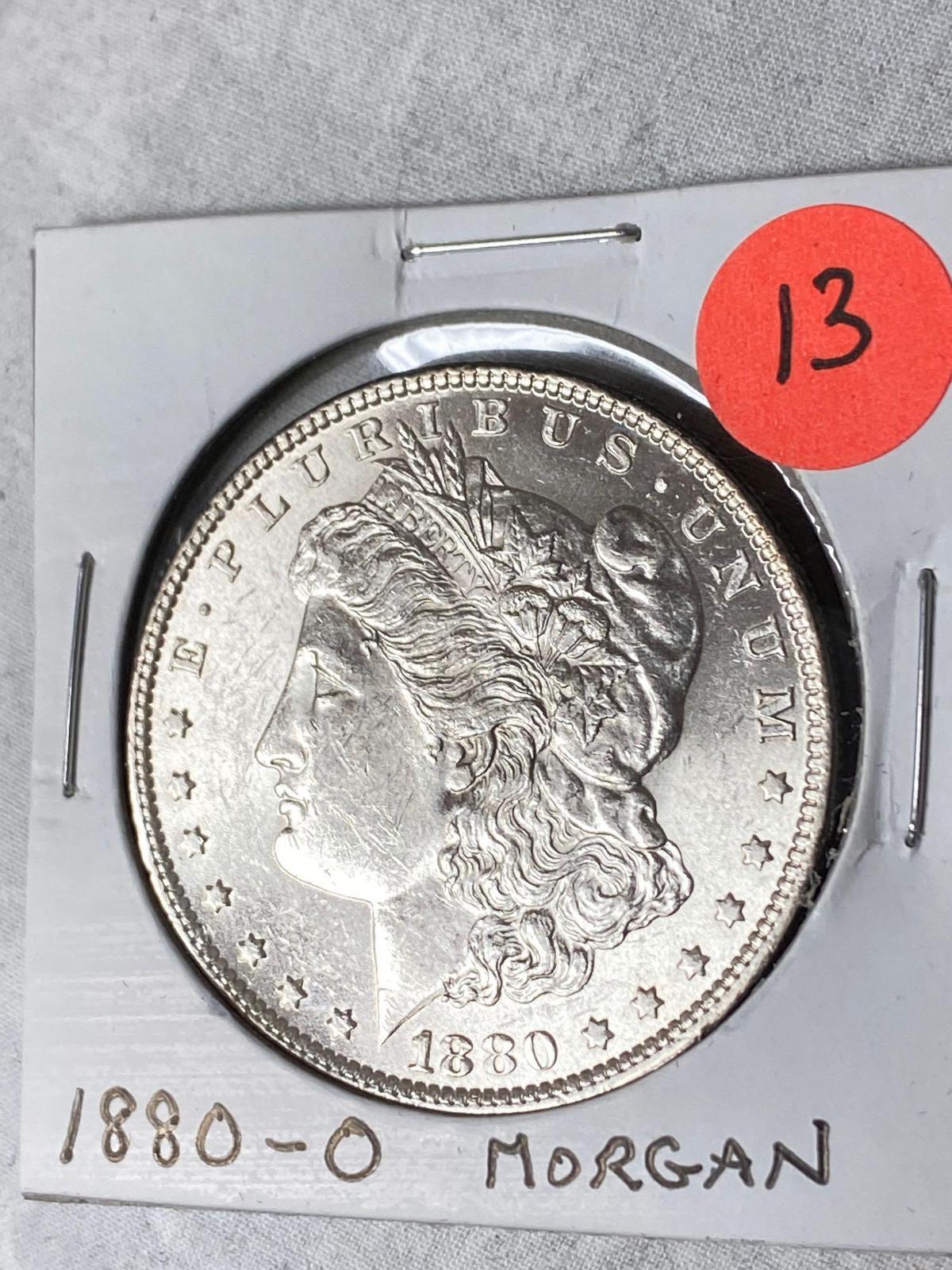 1880-O Morgan dollar, AU.