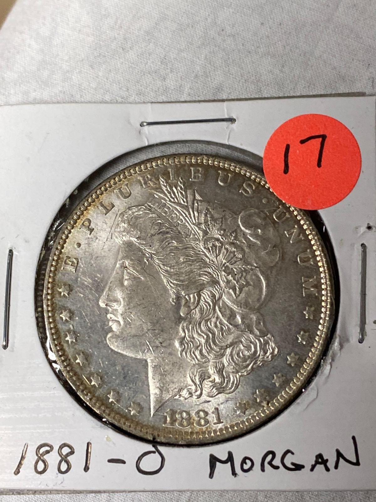 1881-O Morgan dollar, AU.