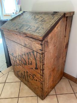 Jersey Coffee 100 lbs. wood lift top bin, 32" tall x 22.5" wide.
