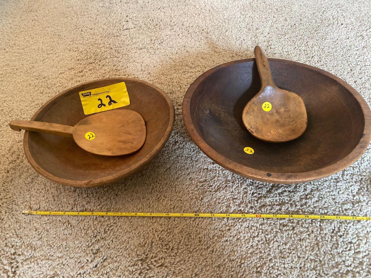 (2) old wooden bowls w/ spatulas.