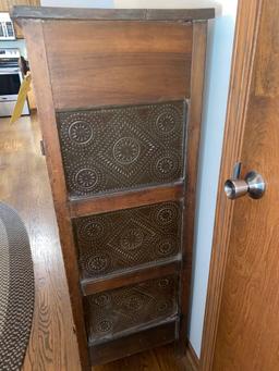 Antique pie safe w/ decorated pierced tin sides, 50" tall x 38" wide.