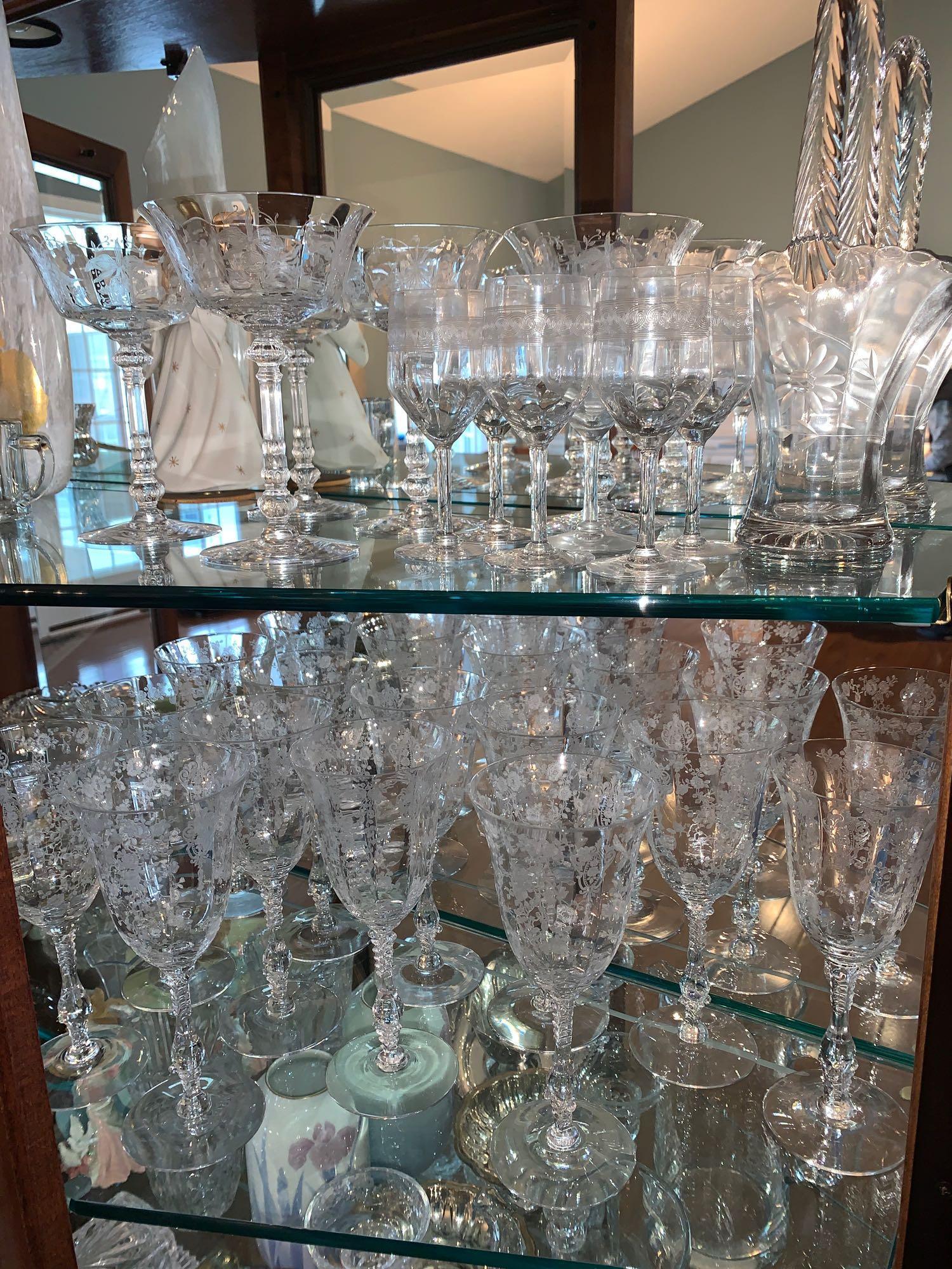 Contents of 3 shelves, stemware, silver plate, art glass, cut glass