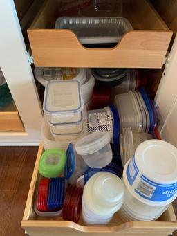 Contents of dining room server, glasses, stemware, Tupperware, baking dishes, and more