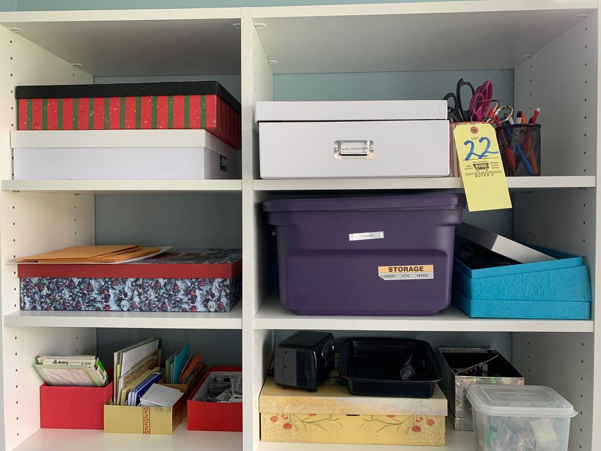 Contents of organizer, office supplies, paper shredder