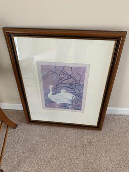 Artist signed framed oil on board print, Victorian chair, framed swan print