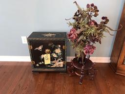 Oriental style side stand cabinet with plant stand and artificial plant