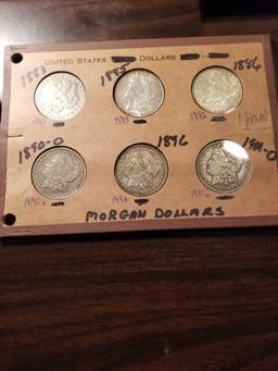 Morgan dollars, 1883, '85, '86, '90o, '96, 1901o. Bid x 6