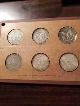 Morgan dollars, 1883, '85, '86, '90o, '96, 1901o. Bid x 6