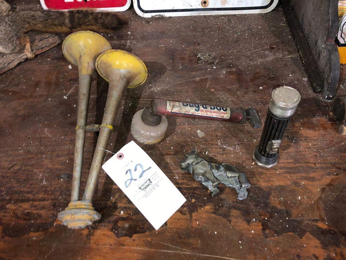 Vintage car horn, Mack bulldog hood ornament, Pegasus insect sprayer, antique flashlight
