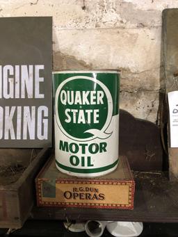 Pure fish crate, signs, Quaker state tin