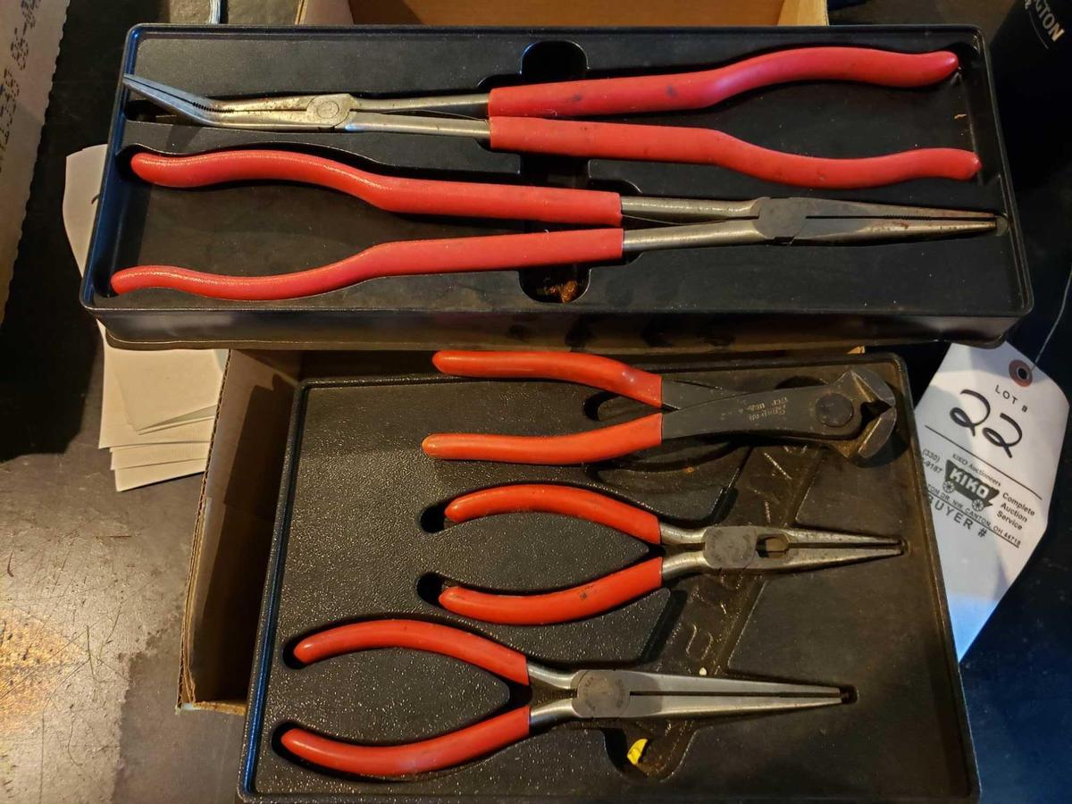 Snap-On long spring loaded needle nose pliers, needle nose pliers, and cutters