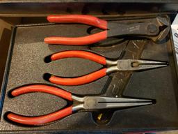 Snap-On long spring loaded needle nose pliers, needle nose pliers, and cutters