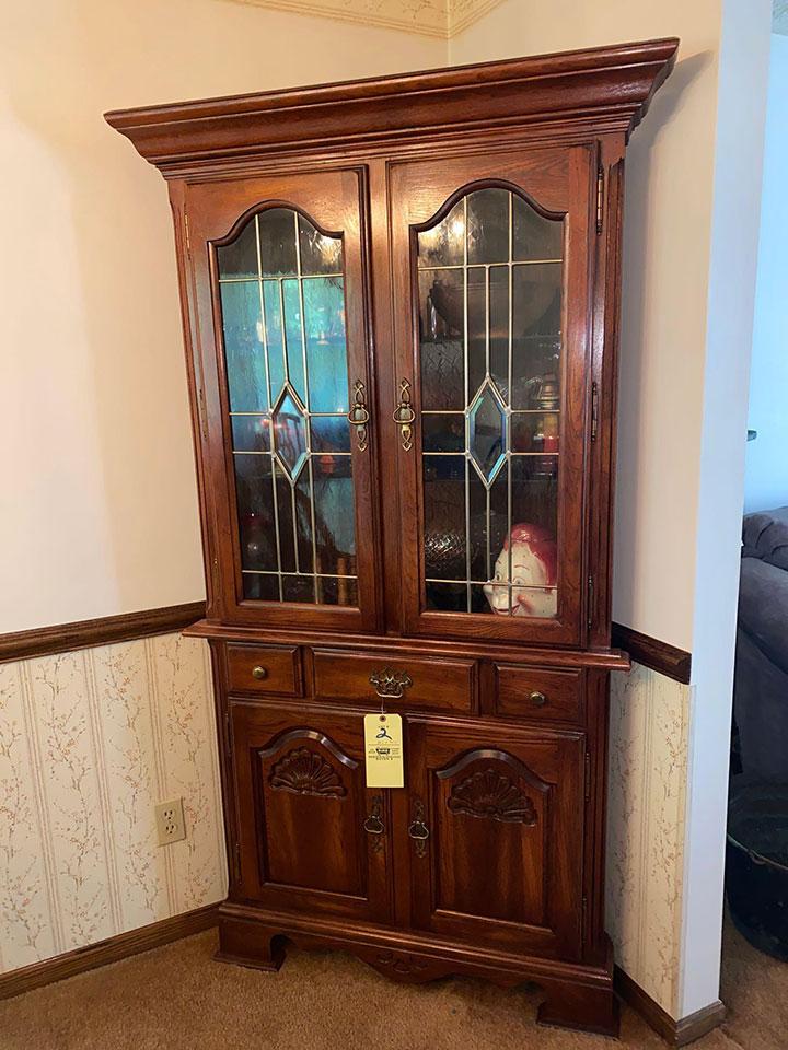 Kincaid corner cupboard w/ leaded glass doors, 74" tall x 38" wide.