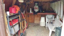 Contents of shed, sealtest milk box, alum stepladder, yard tools, plastic chairs, snowman, garden
